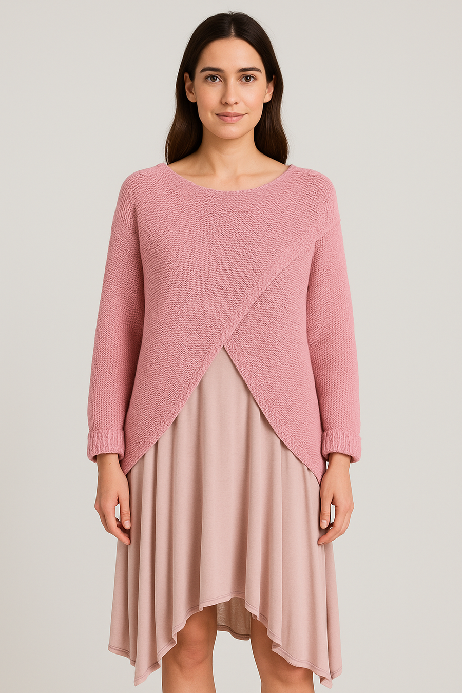 WOOL BLEND CROSS OVER TOP WITH PURE STRETCHY VISCOSE SLEEVELESS DRESS