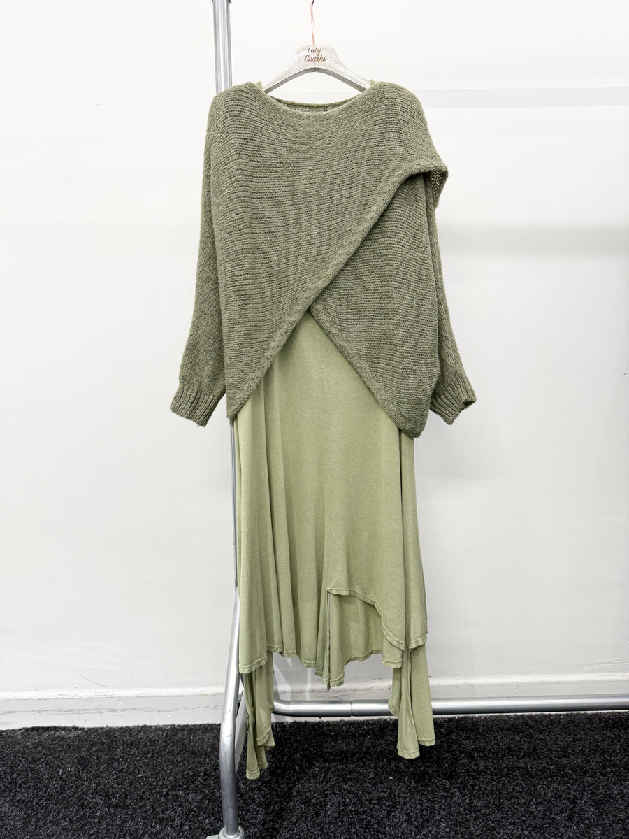 WOOL BLEND CROSS OVER TOP WITH PURE STRETCHY VISCOSE SLEEVELESS DRESS