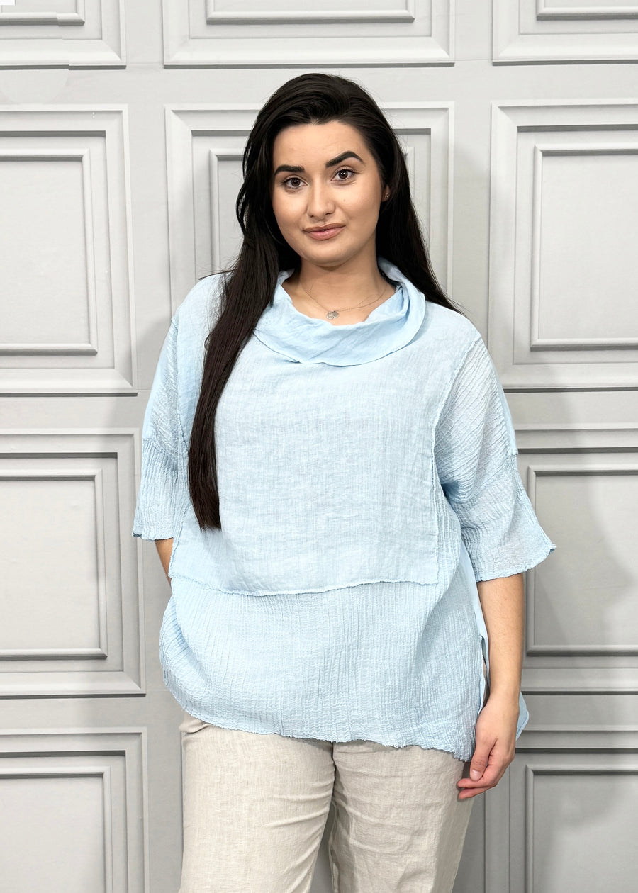 Turtle Cowl Neck Linen Blouse Cotton and Linen Match up Half Length Sleeve