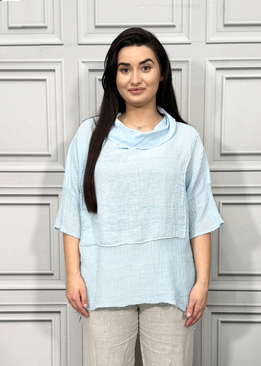 Turtle Cowl Neck Linen Blouse Cotton and Linen Match up Half Length Sleeve