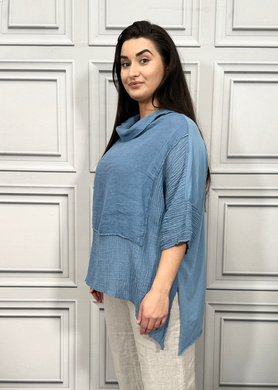 Turtle Cowl Neck Linen Blouse Cotton and Linen Match up Half Length Sleeve