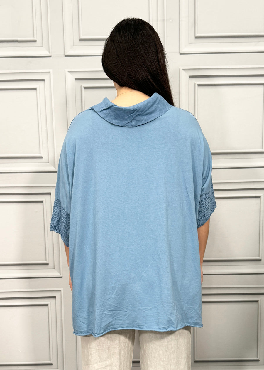 Turtle Cowl Neck Linen Blouse Cotton and Linen Match up Half Length Sleeve