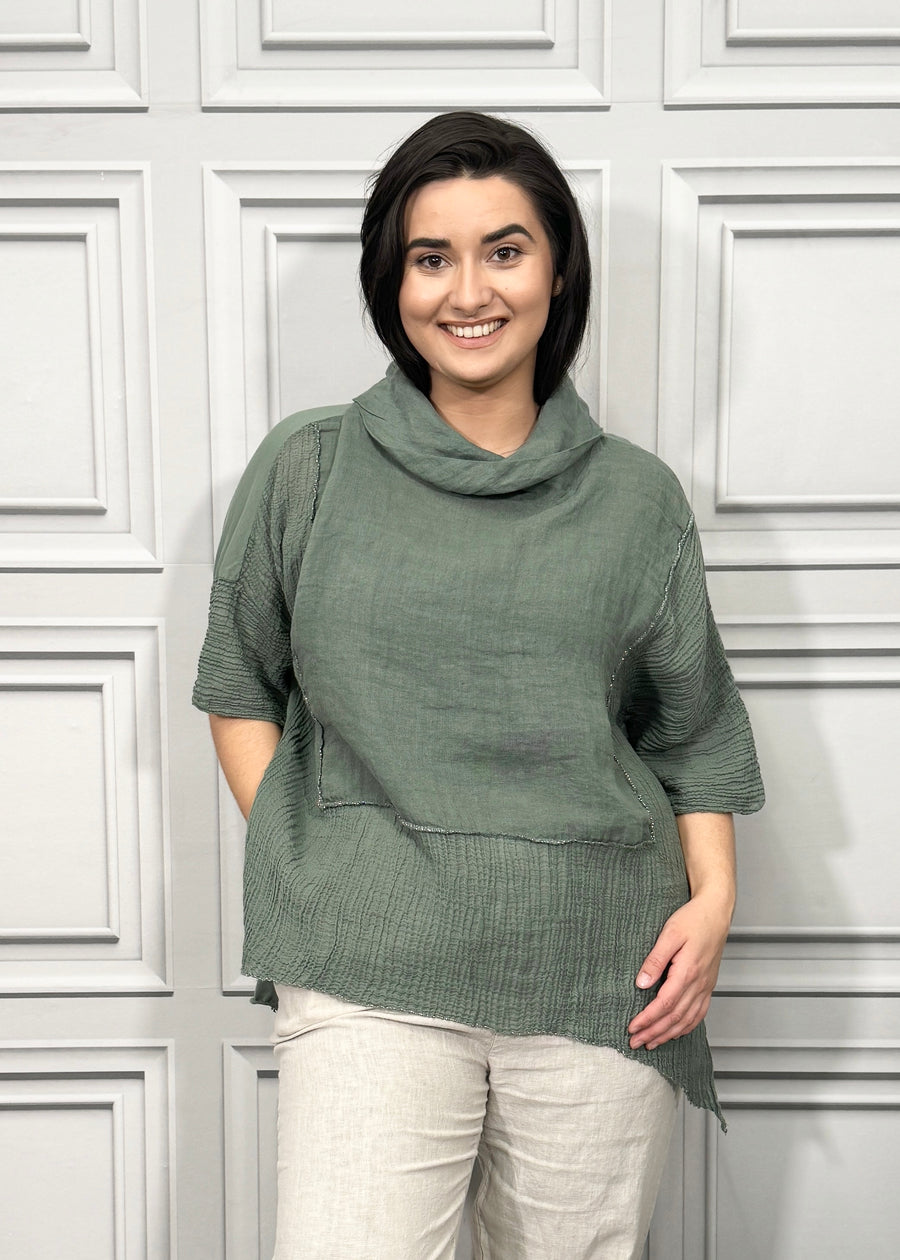 Turtle Cowl Neck Linen Blouse Cotton and Linen Match up Half Length Sleeve