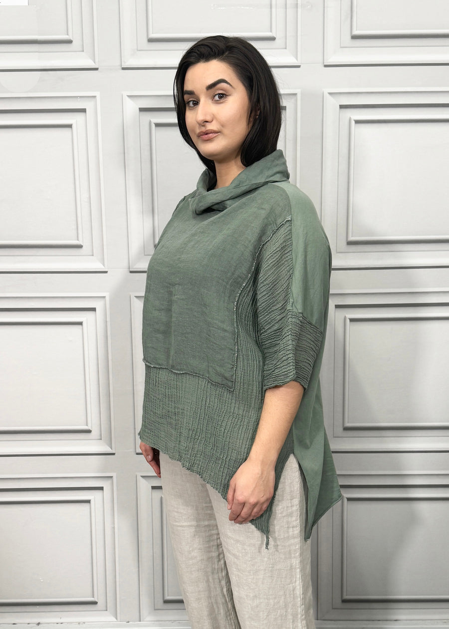 Turtle Cowl Neck Linen Blouse Cotton and Linen Match up Half Length Sleeve