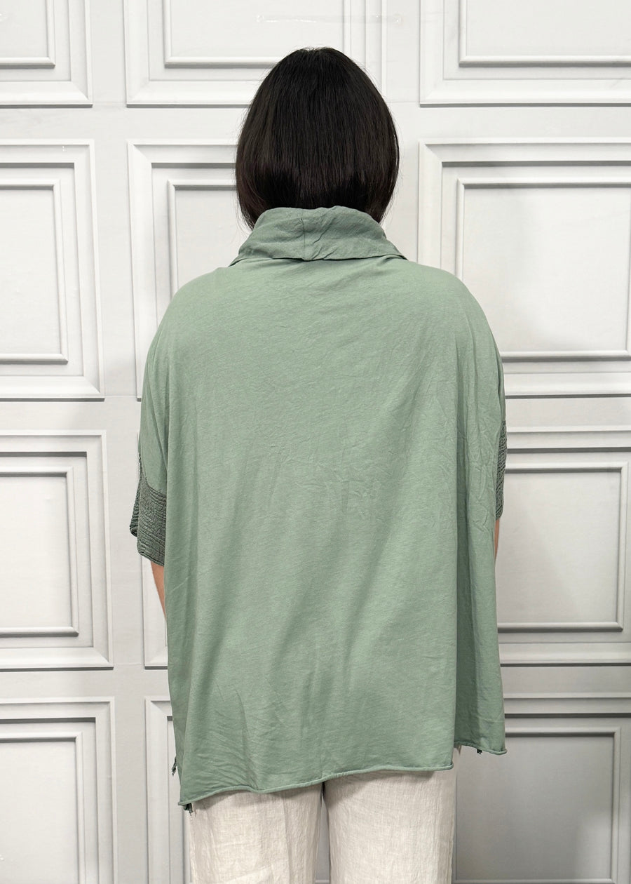 Turtle Cowl Neck Linen Blouse Cotton and Linen Match up Half Length Sleeve