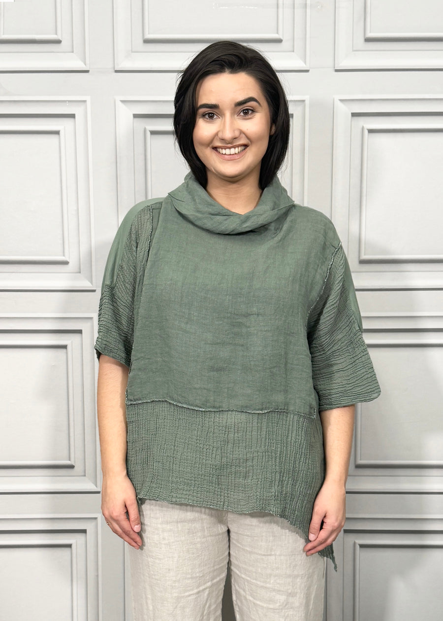 Turtle Cowl Neck Linen Blouse Cotton and Linen Match up Half Length Sleeve