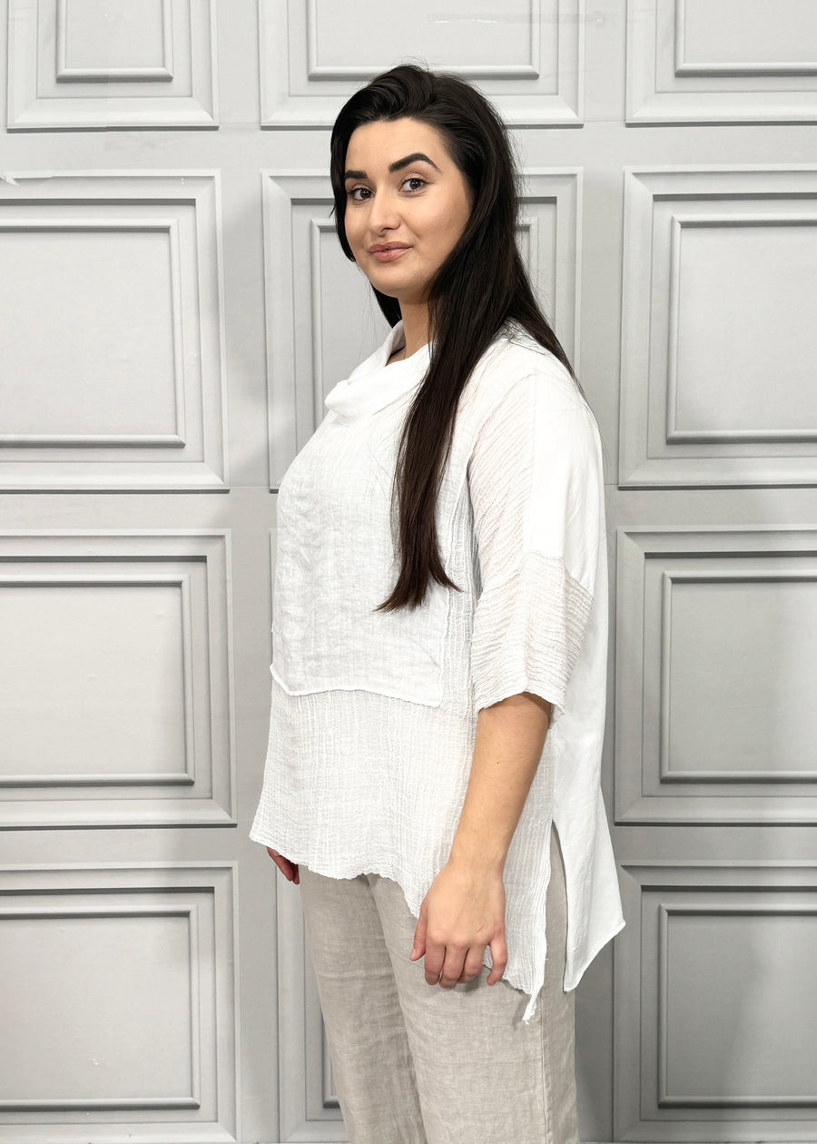 Turtle Cowl Neck Linen Blouse Cotton and Linen Match up Half Length Sleeve