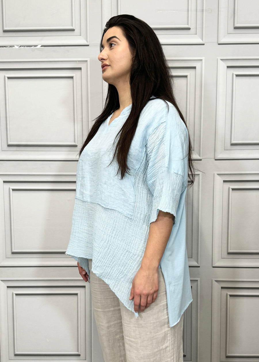 Notch Neck Linen Blouse Cotton and Linen Match up Half Length Sleeve