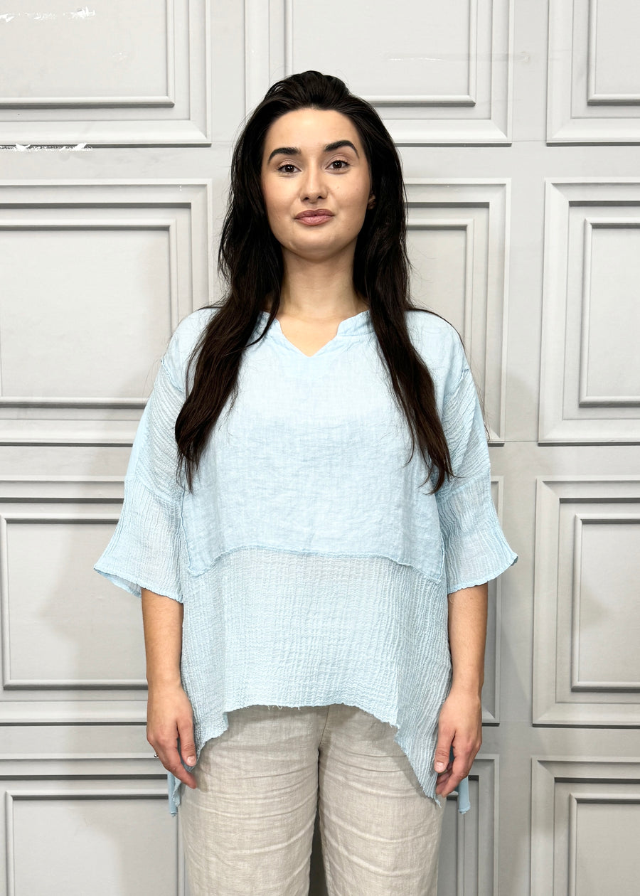 Notch Neck Linen Blouse Cotton and Linen Match up Half Length Sleeve