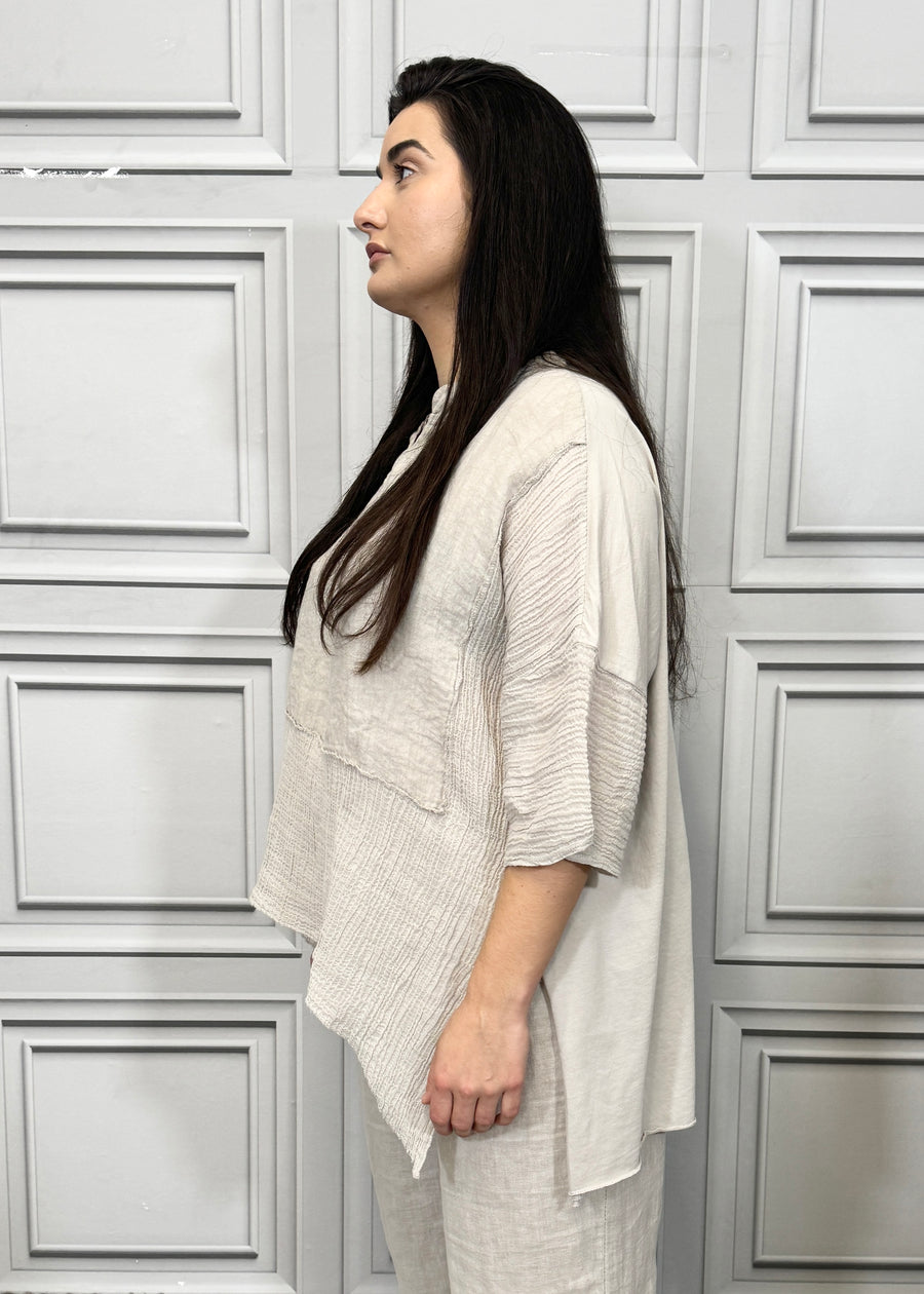 Notch Neck Linen Blouse Cotton and Linen Match up Half Length Sleeve