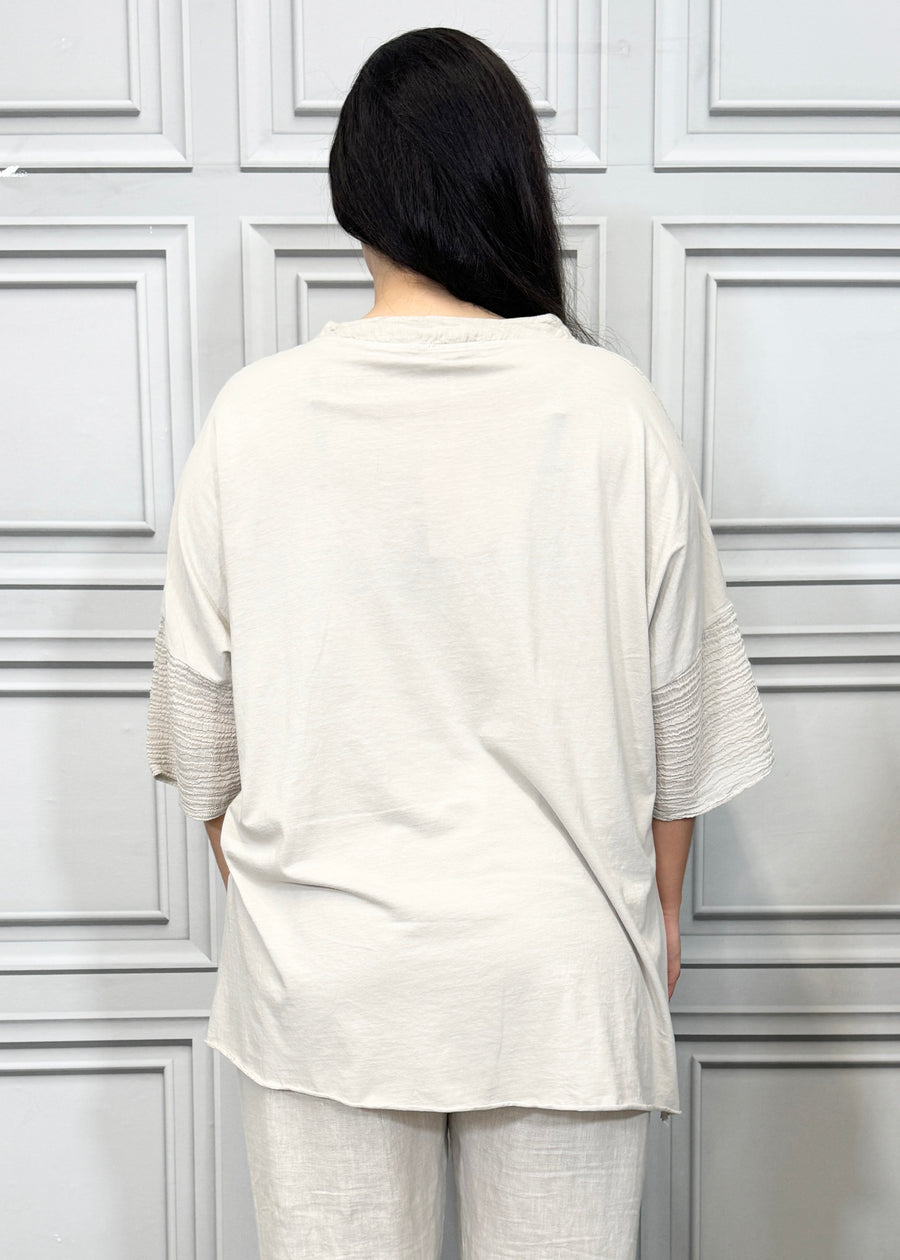 Notch Neck Linen Blouse Cotton and Linen Match up Half Length Sleeve