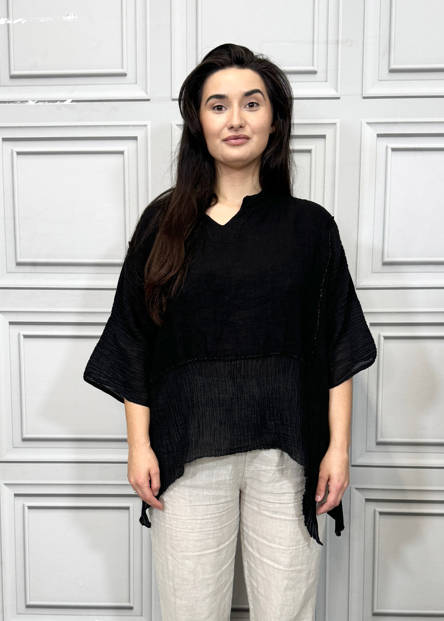 Notch Neck Linen Blouse Cotton and Linen Match up Half Length Sleeve