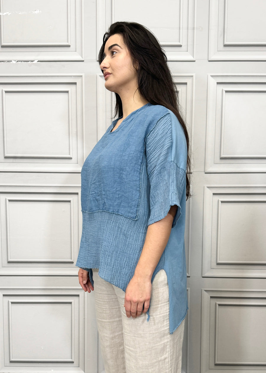 Notch Neck Linen Blouse Cotton and Linen Match up Half Length Sleeve