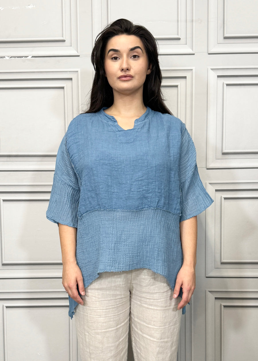 Notch Neck Linen Blouse Cotton and Linen Match up Half Length Sleeve