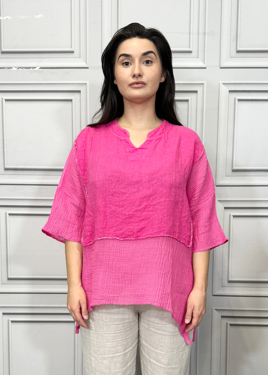 Notch Neck Linen Blouse Cotton and Linen Match up Half Length Sleeve