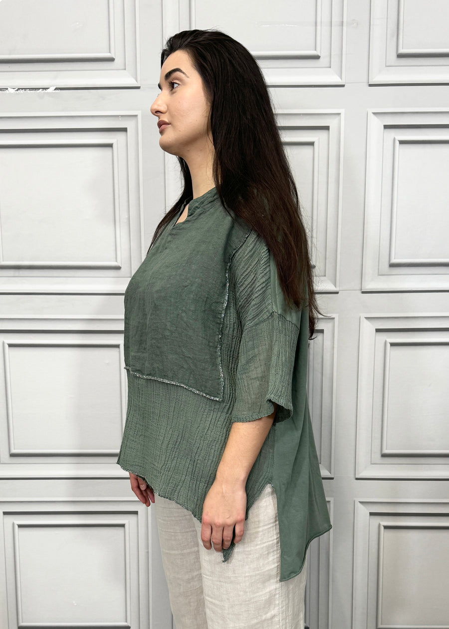 Notch Neck Linen Blouse Cotton and Linen Match up Half Length Sleeve