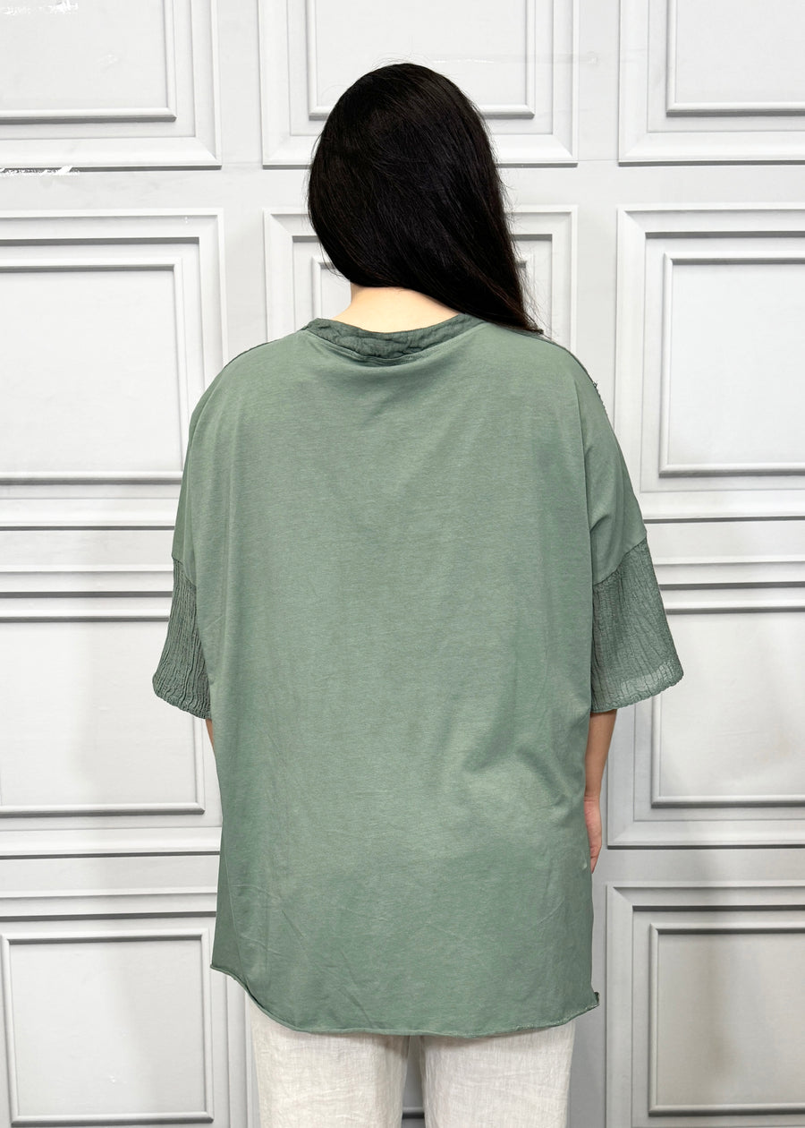 Notch Neck Linen Blouse Cotton and Linen Match up Half Length Sleeve