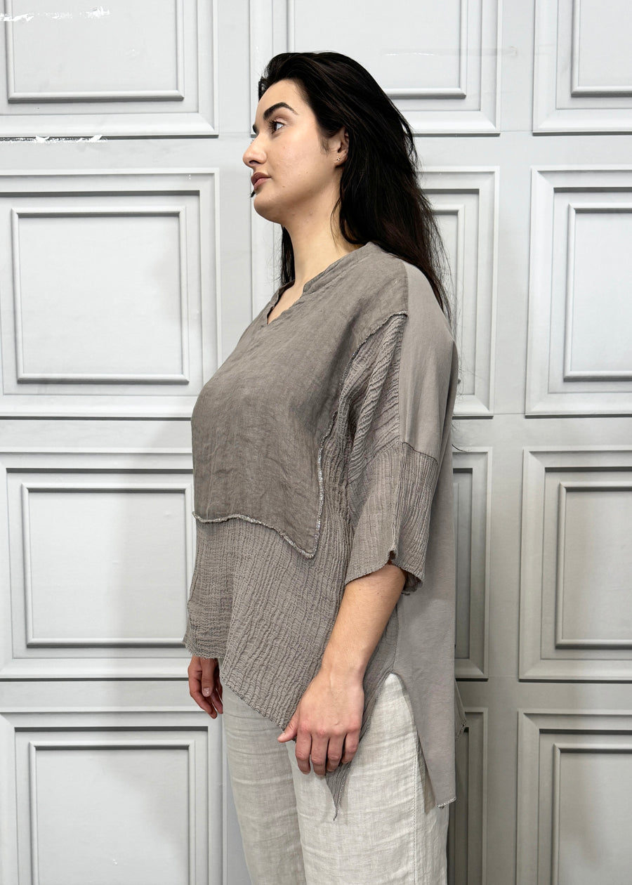 Notch Neck Linen Blouse Cotton and Linen Match up Half Length Sleeve