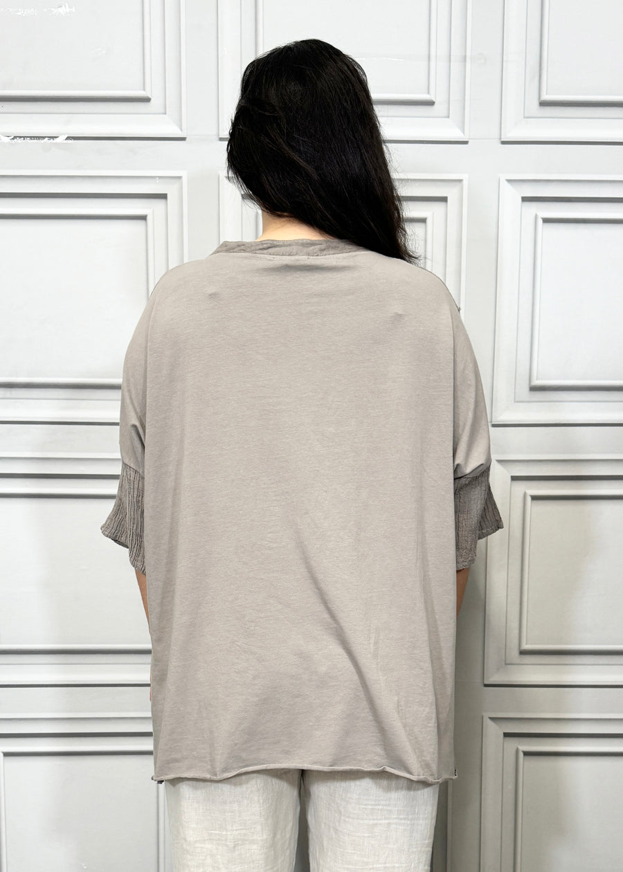 Notch Neck Linen Blouse Cotton and Linen Match up Half Length Sleeve