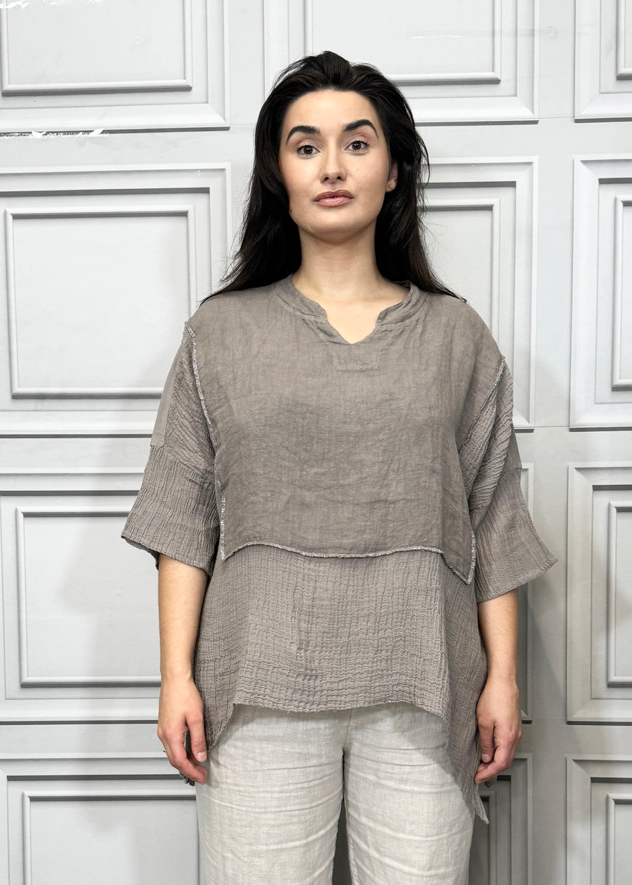 Notch Neck Linen Blouse Cotton and Linen Match up Half Length Sleeve