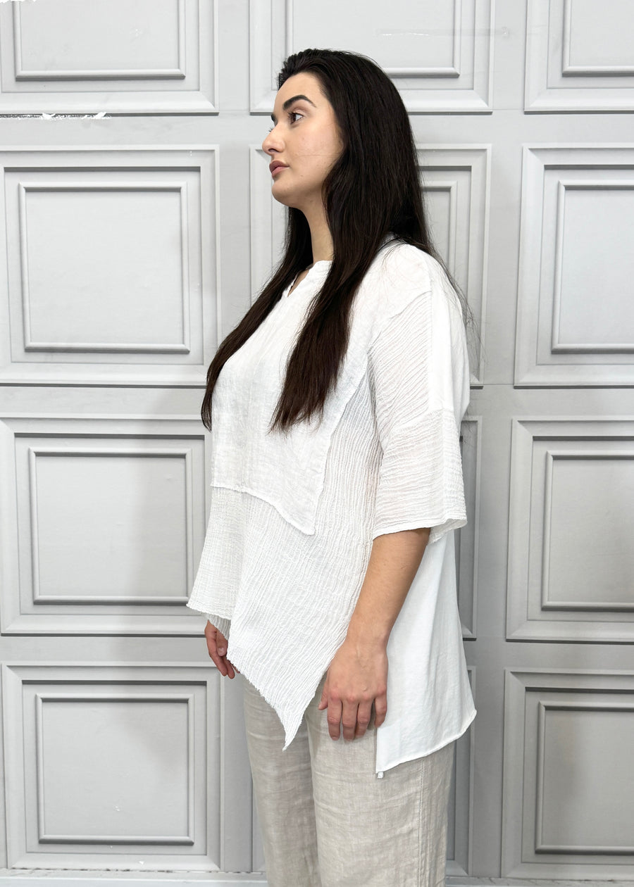 Notch Neck Linen Blouse Cotton and Linen Match up Half Length Sleeve