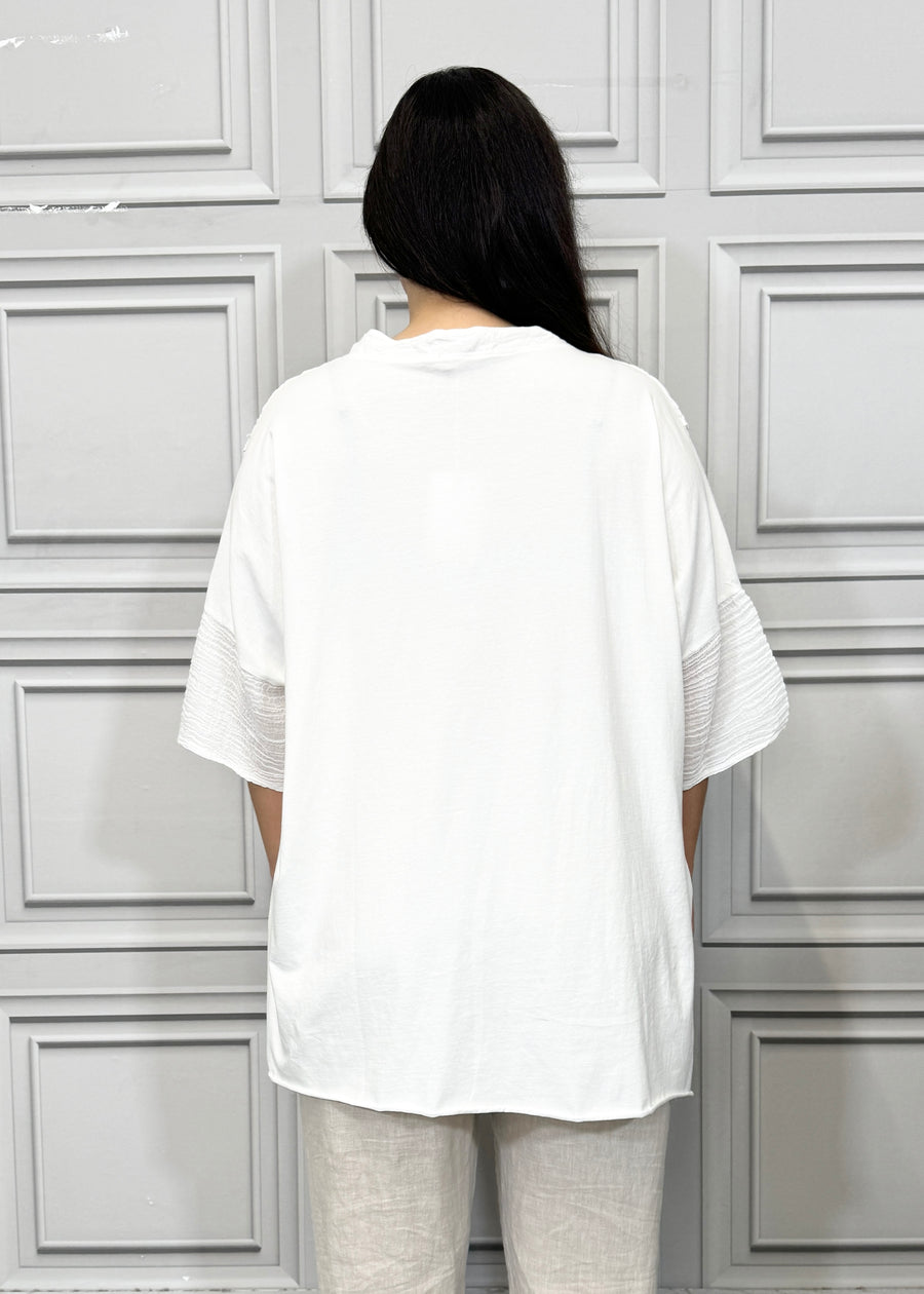 Notch Neck Linen Blouse Cotton and Linen Match up Half Length Sleeve