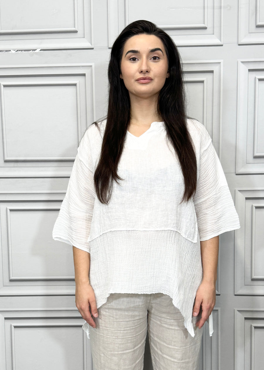 Notch Neck Linen Blouse Cotton and Linen Match up Half Length Sleeve