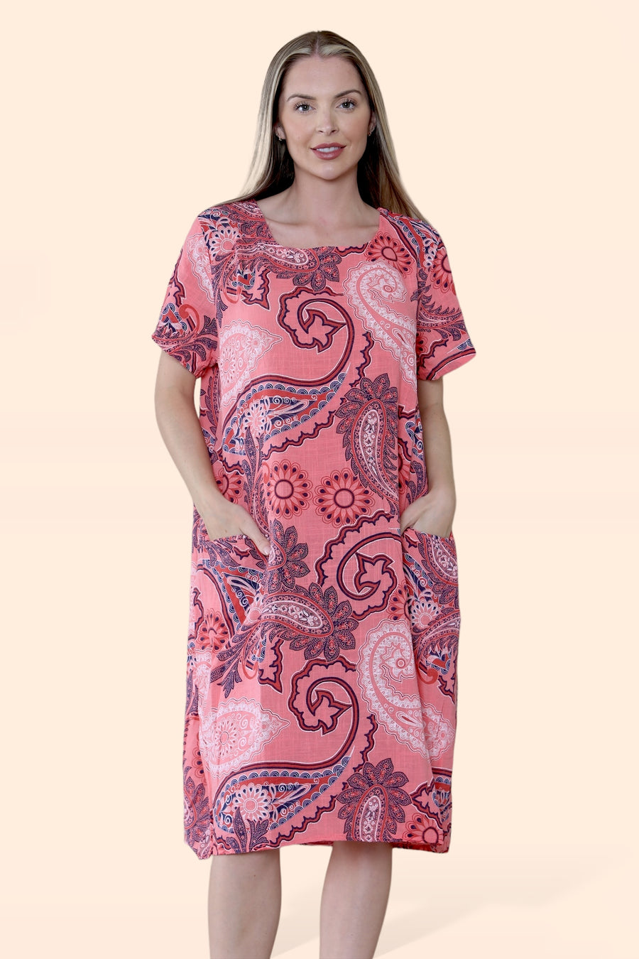 Cheesecloth Cotton Dress with Round Neck and Short Sleeves