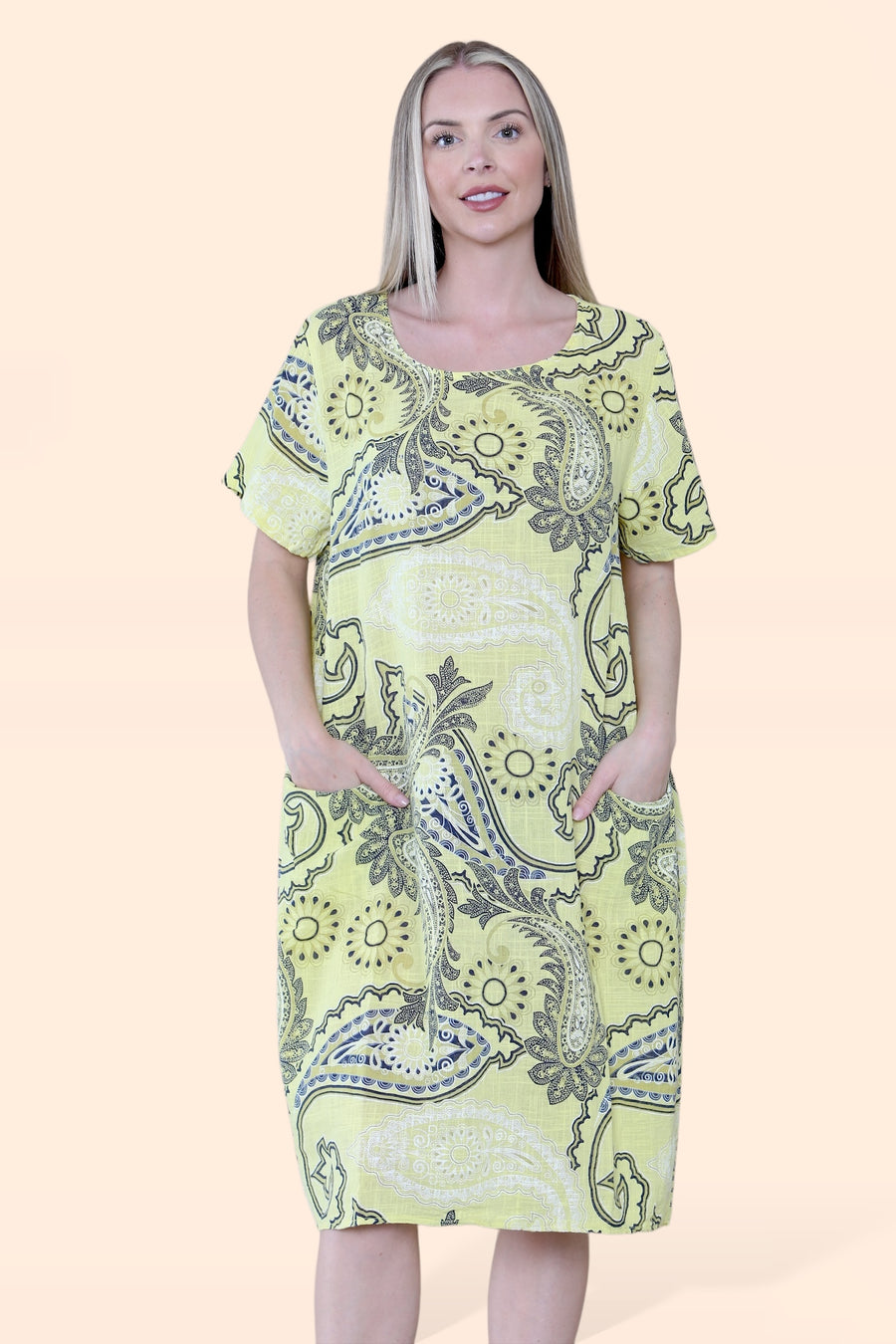 Cheesecloth Cotton Dress with Round Neck and Short Sleeves