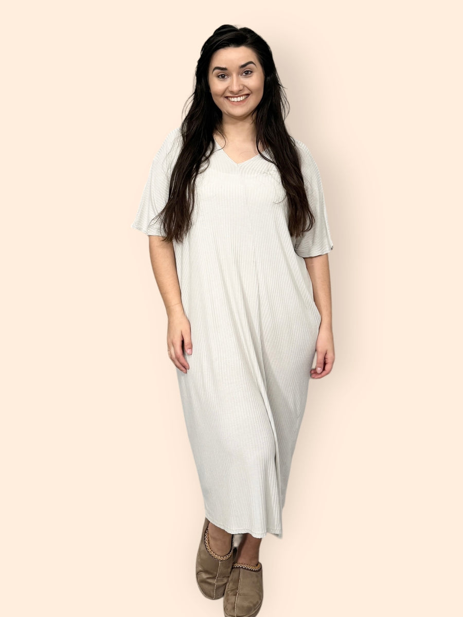 Comfy Fit Ribbed Bat Wing Dress with V Neck and Short Dropped Shoulder Sleeves