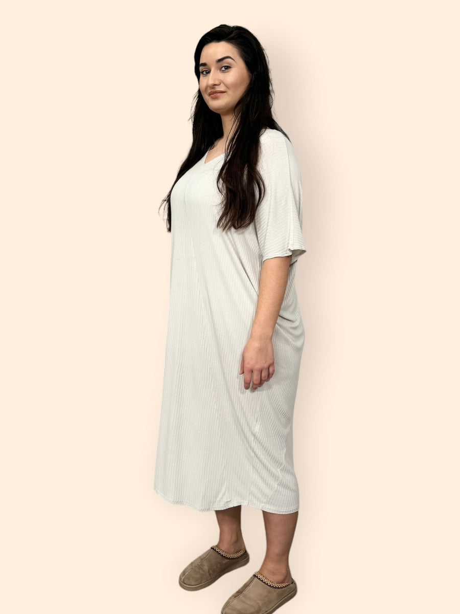 Comfy Fit Ribbed Bat Wing Dress with V Neck and Short Dropped Shoulder Sleeves