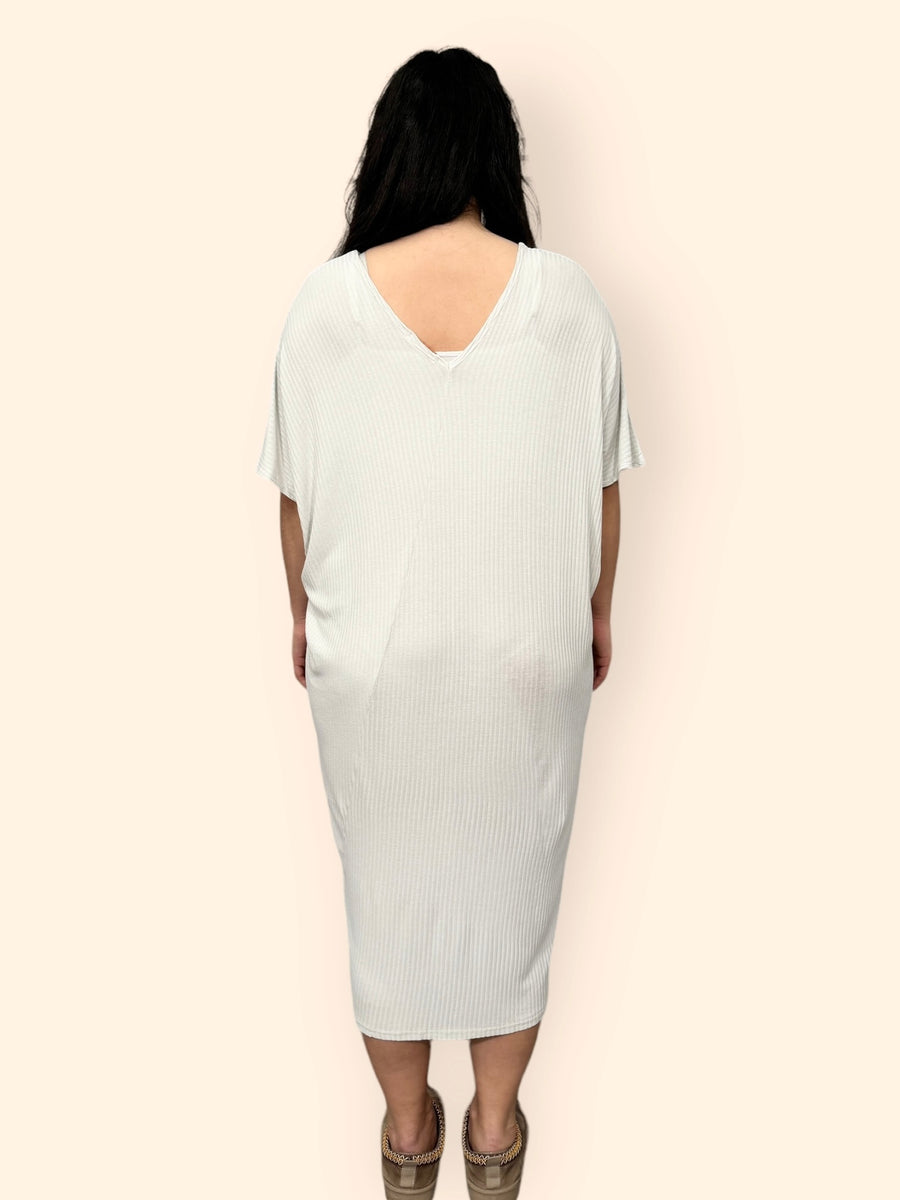 Comfy Fit Ribbed Bat Wing Dress with V Neck and Short Dropped Shoulder Sleeves