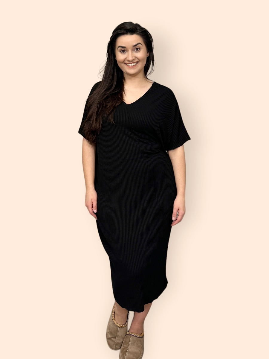 Comfy Fit Ribbed Bat Wing Dress with V Neck and Short Dropped Shoulder Sleeves