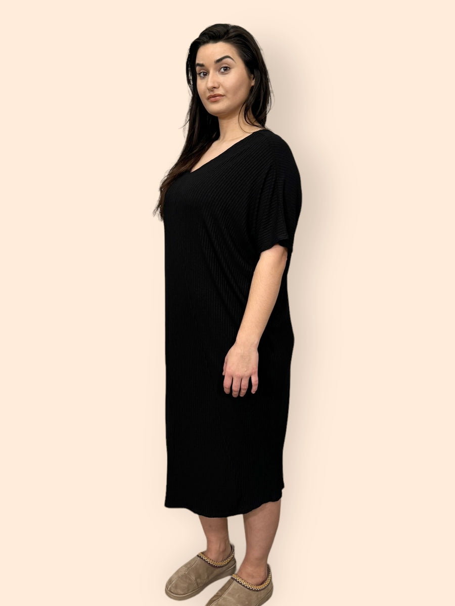 Comfy Fit Ribbed Bat Wing Dress with V Neck and Short Dropped Shoulder Sleeves