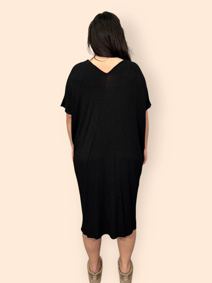 Comfy Fit Ribbed Bat Wing Dress with V Neck and Short Dropped Shoulder Sleeves