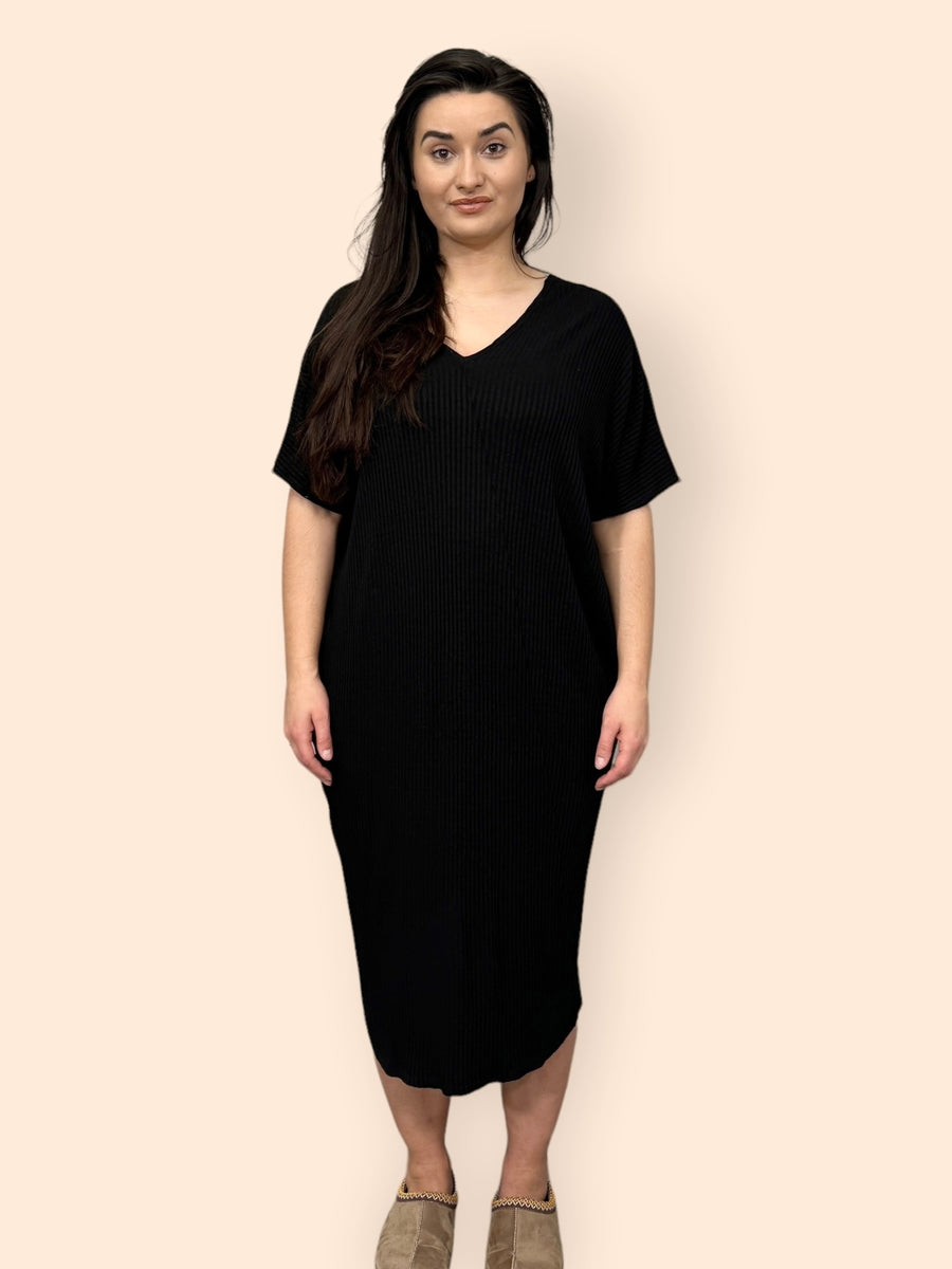 Comfy Fit Ribbed Bat Wing Dress with V Neck and Short Dropped Shoulder Sleeves