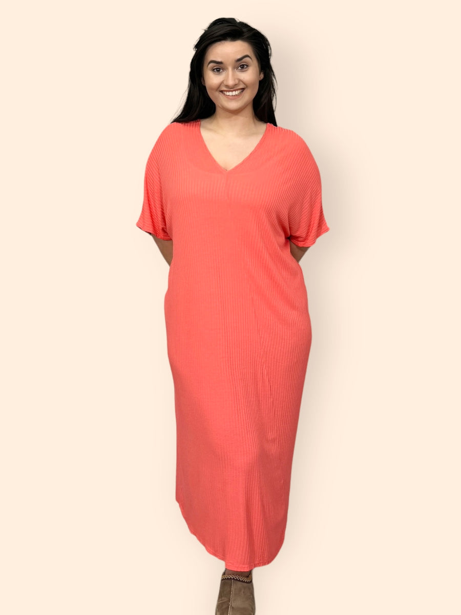 Comfy Fit Ribbed Bat Wing Dress with V Neck and Short Dropped Shoulder Sleeves