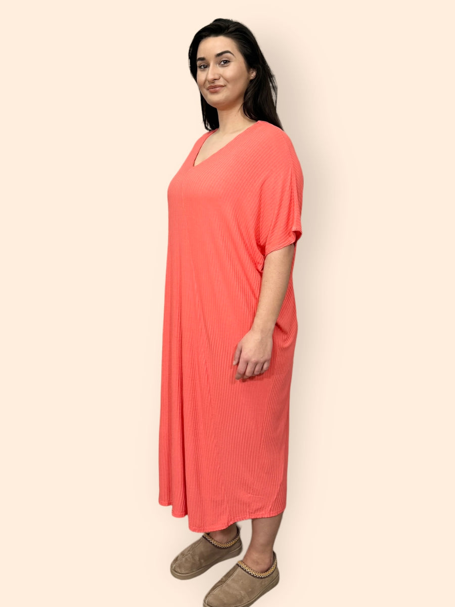 Comfy Fit Ribbed Bat Wing Dress with V Neck and Short Dropped Shoulder Sleeves