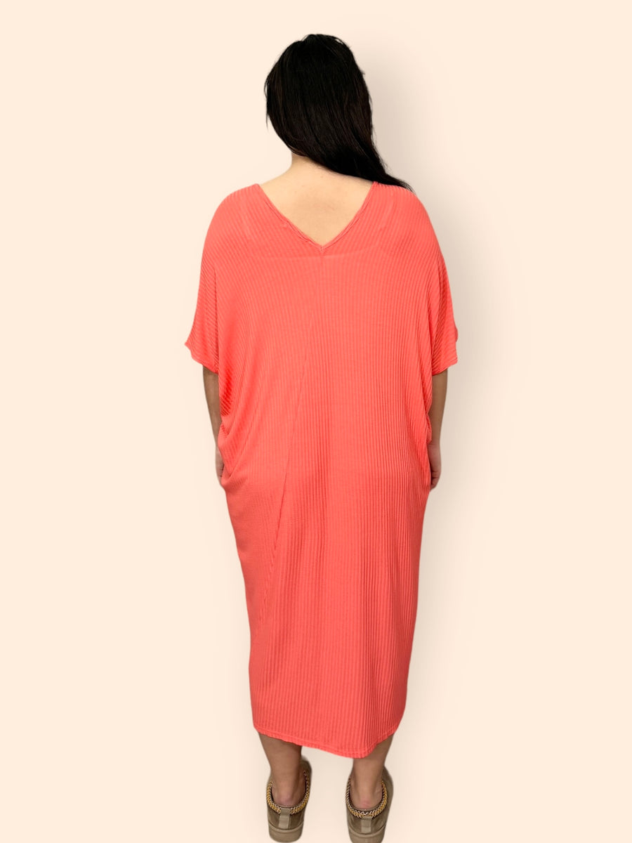 Comfy Fit Ribbed Bat Wing Dress with V Neck and Short Dropped Shoulder Sleeves