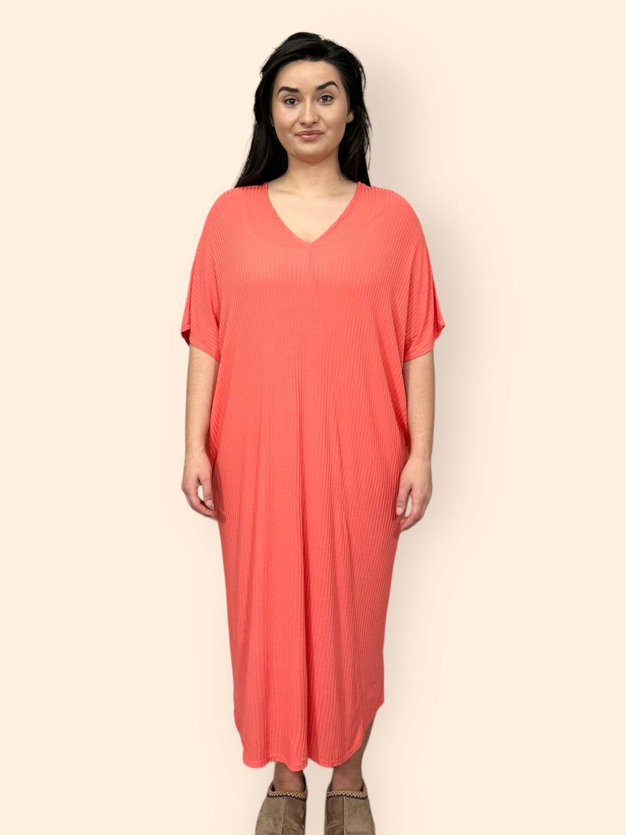 Comfy Fit Ribbed Bat Wing Dress with V Neck and Short Dropped Shoulder Sleeves