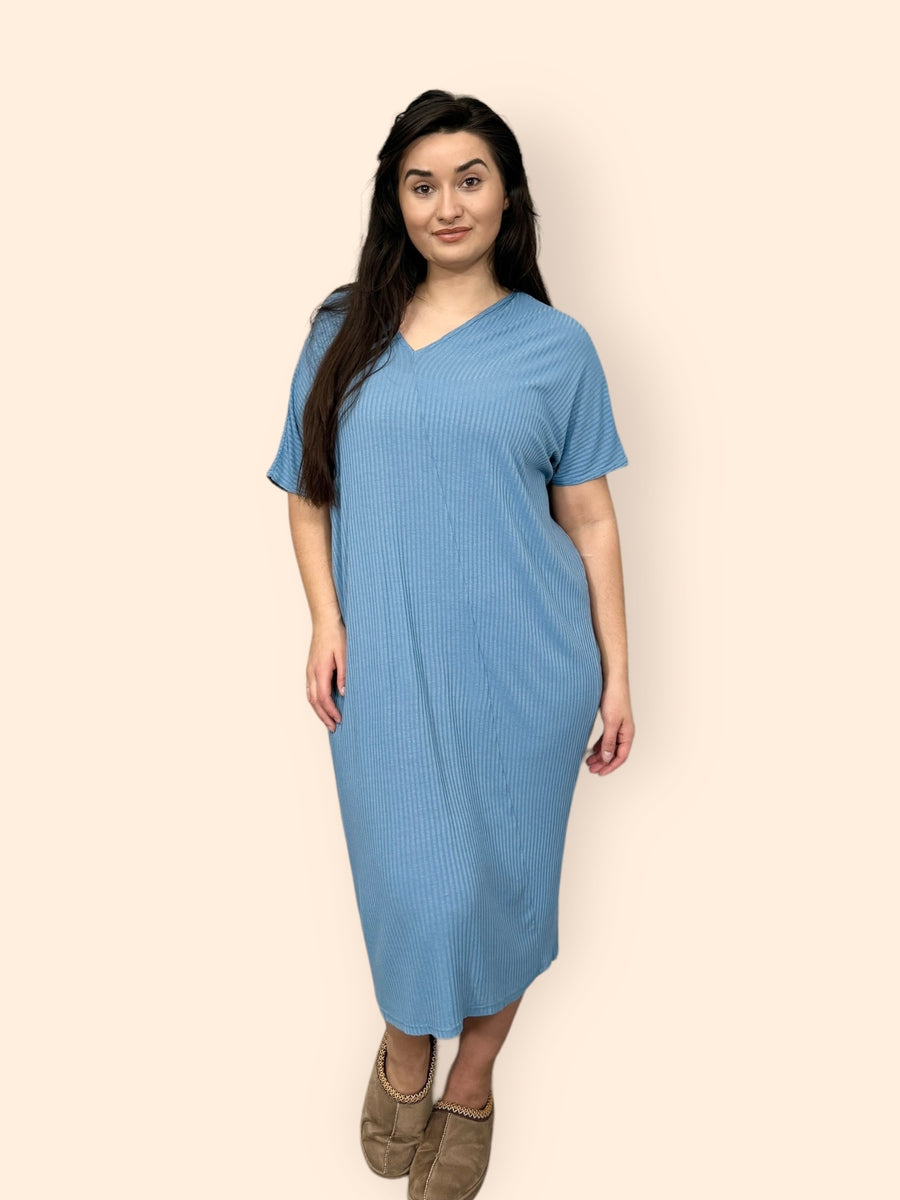 Comfy Fit Ribbed Bat Wing Dress with V Neck and Short Dropped Shoulder Sleeves