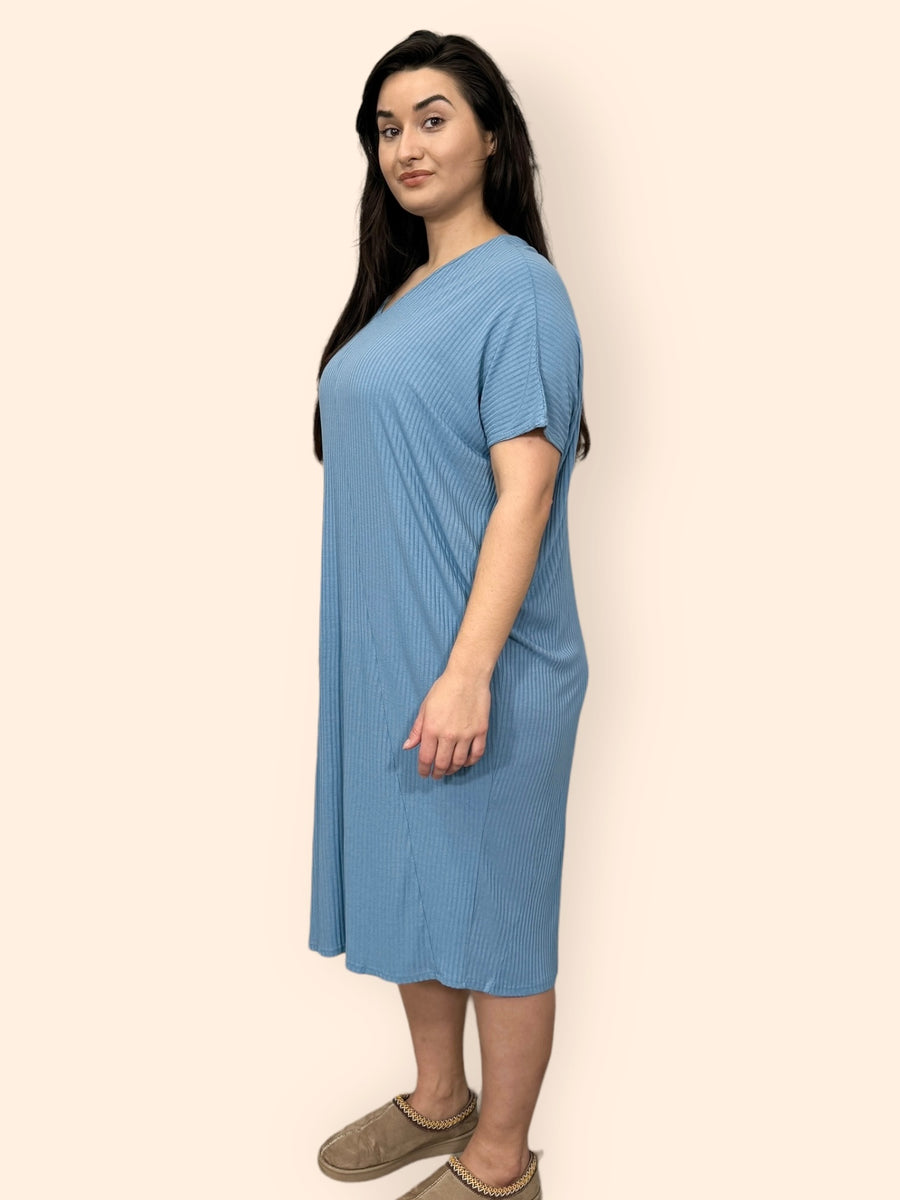 Comfy Fit Ribbed Bat Wing Dress with V Neck and Short Dropped Shoulder Sleeves