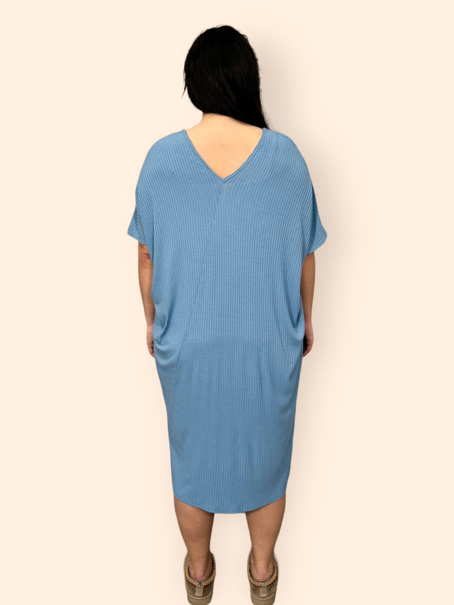 Comfy Fit Ribbed Bat Wing Dress with V Neck and Short Dropped Shoulder Sleeves