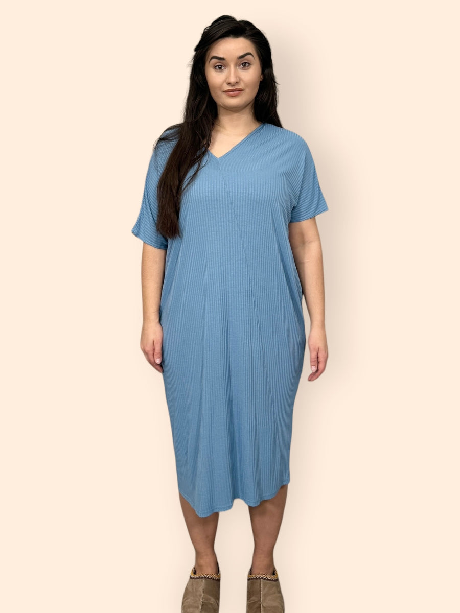 Comfy Fit Ribbed Bat Wing Dress with V Neck and Short Dropped Shoulder Sleeves