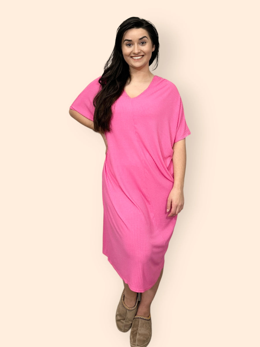 Comfy Fit Ribbed Bat Wing Dress with V Neck and Short Dropped Shoulder Sleeves