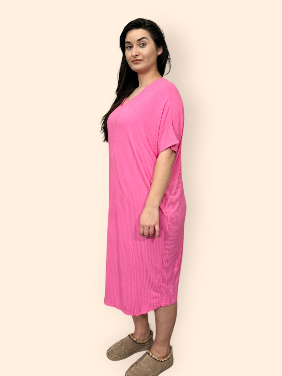 Comfy Fit Ribbed Bat Wing Dress with V Neck and Short Dropped Shoulder Sleeves