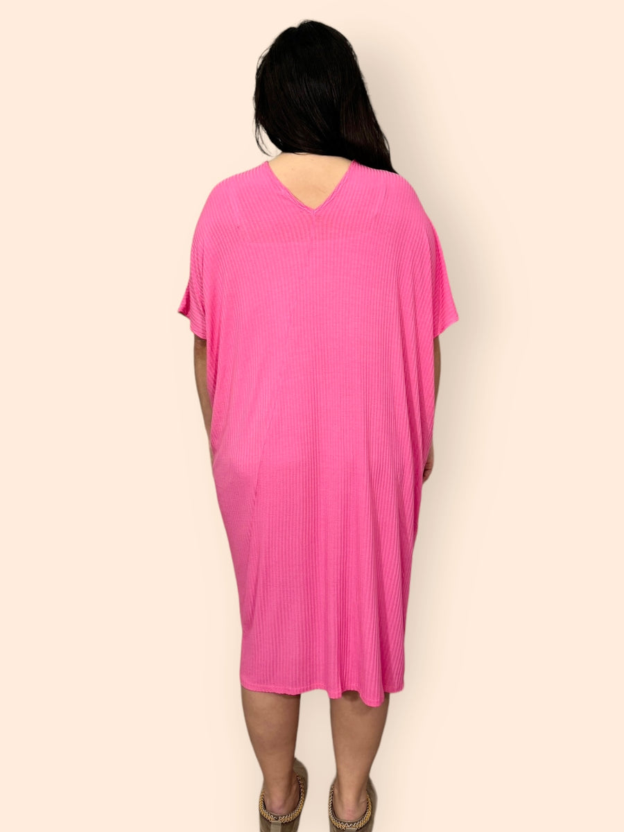 Comfy Fit Ribbed Bat Wing Dress with V Neck and Short Dropped Shoulder Sleeves