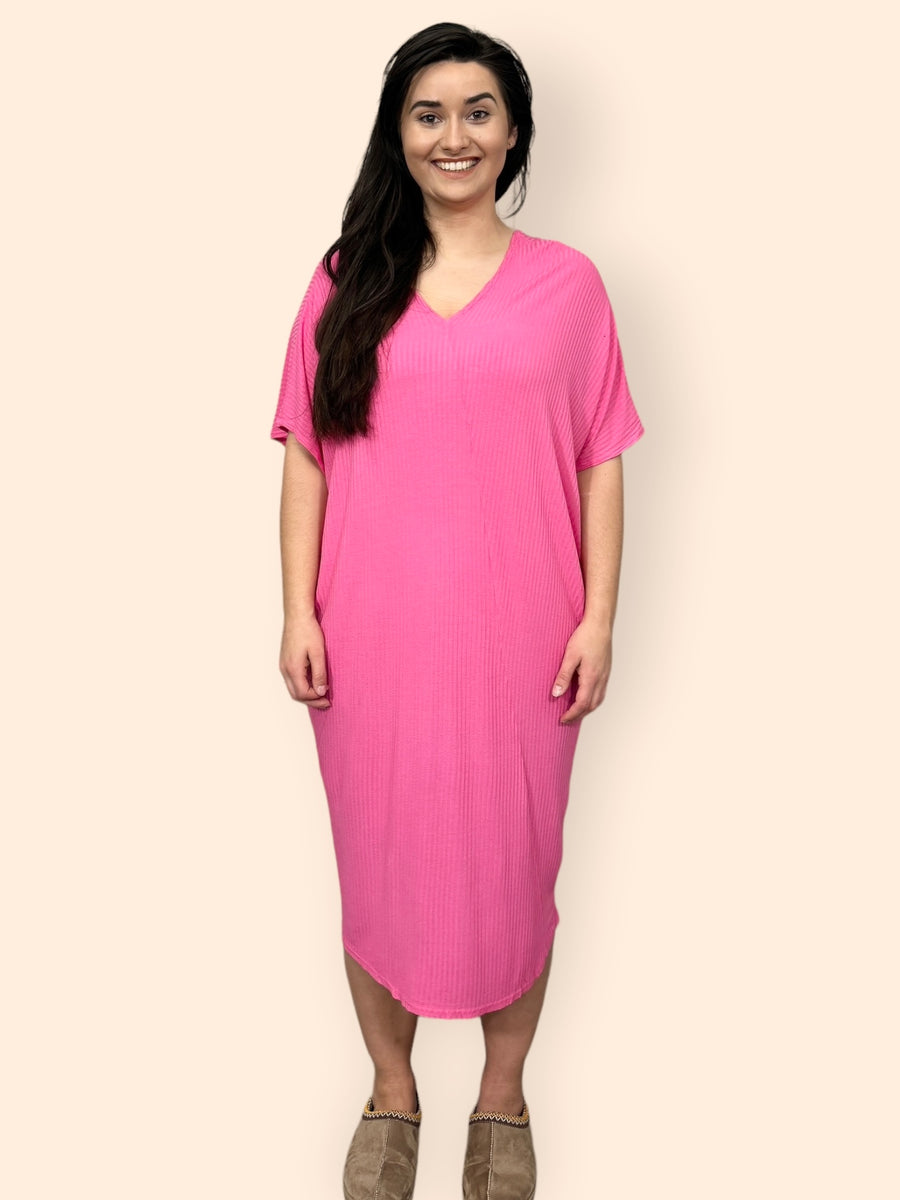 Comfy Fit Ribbed Bat Wing Dress with V Neck and Short Dropped Shoulder Sleeves