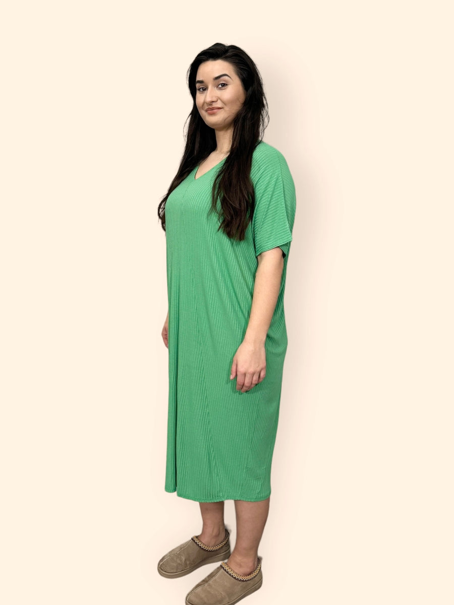 Comfy Fit Ribbed Bat Wing Dress with V Neck and Short Dropped Shoulder Sleeves