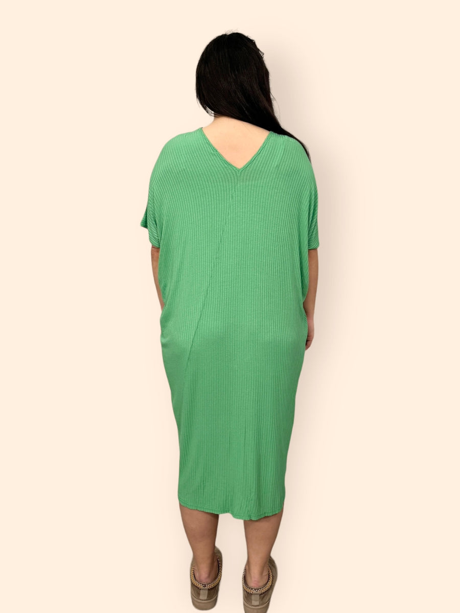 Comfy Fit Ribbed Bat Wing Dress with V Neck and Short Dropped Shoulder Sleeves